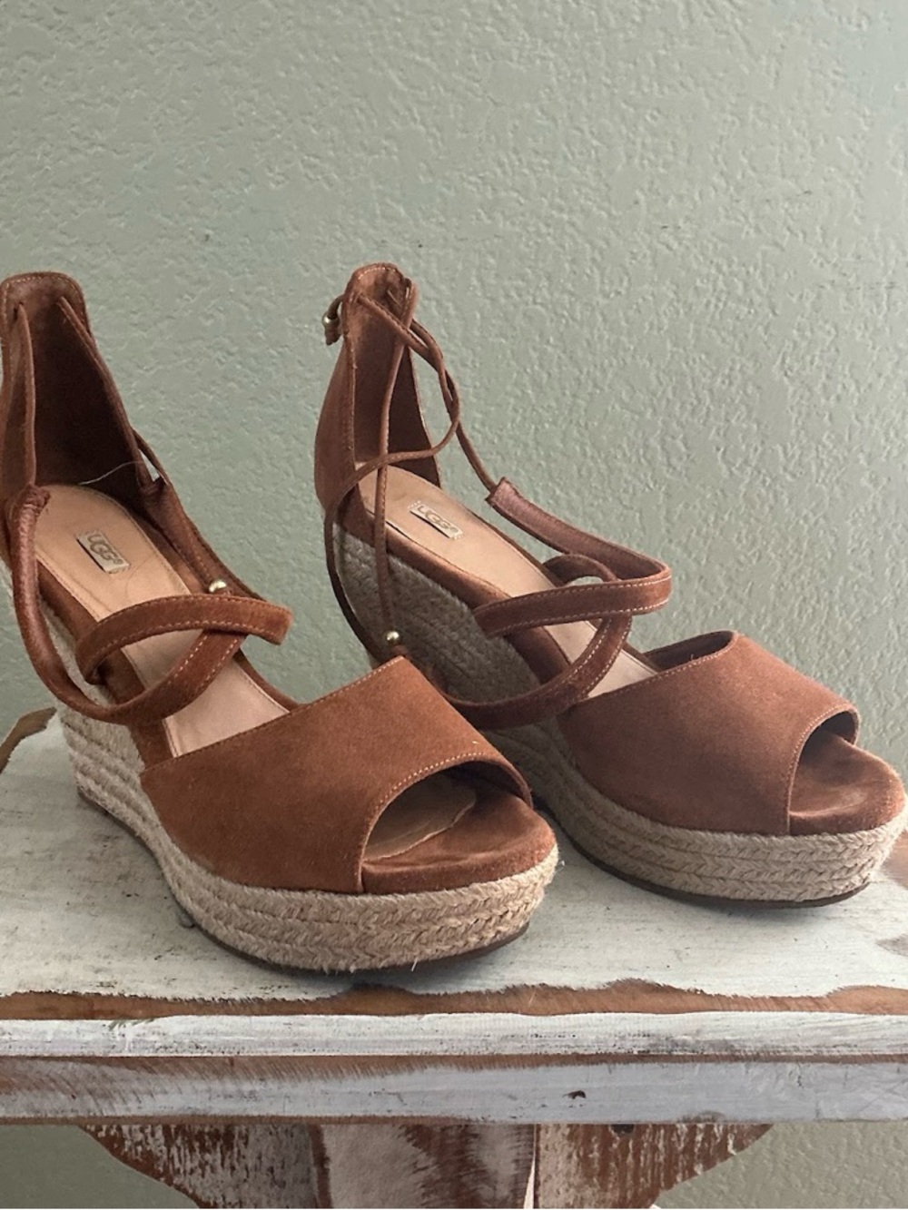 UGG Brown Suede Espadrille Wedge Sandals with Ankle Tie